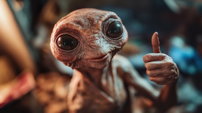 An imaginative alien figurine poses with a thumbs-up gesture, exuding a playful and friendly vibe, showcasing creativity and whimsy in a unique, close-up perspective captures the fun in alien art.