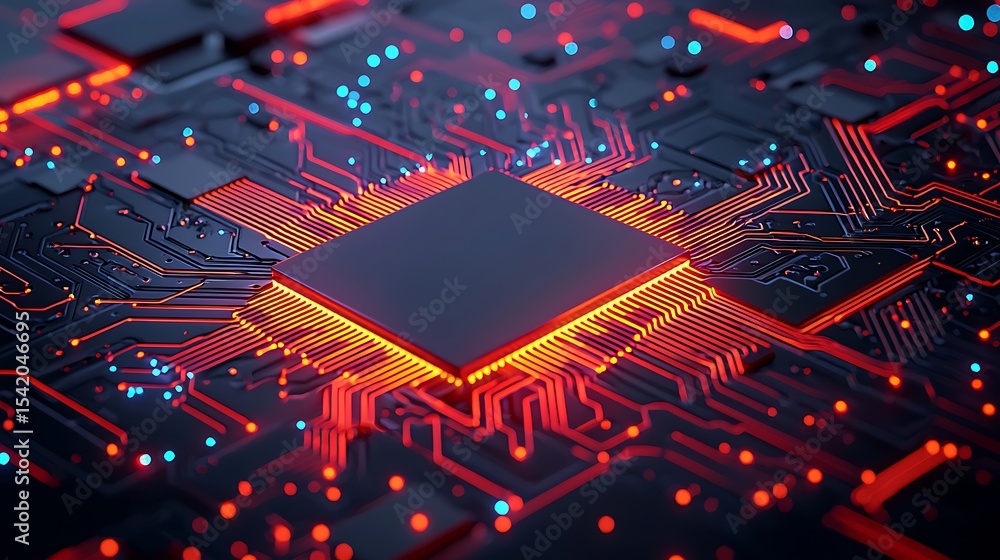 Poster a glowing microchip on a circuit board with illuminated electrical pathways in red, orange, and blue