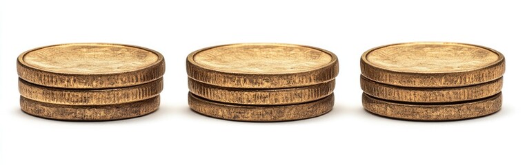 Three stacks of coins, light brownish-gold color, arranged horizontally on a white background