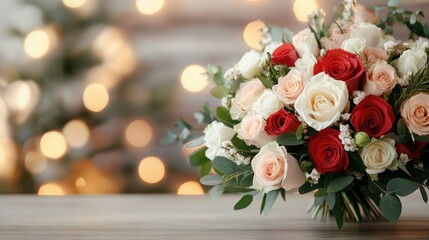 Obraz premium A beautiful bouquet of red, pink, and white roses sits elegantly against a backdrop of soft glowing lights, perfect for celebrating love and special occasions.