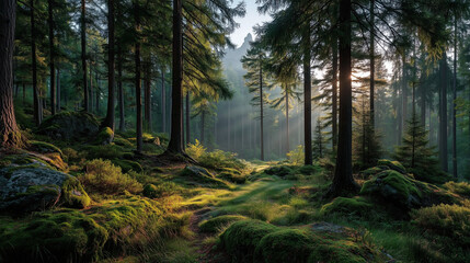 Fototapeta premium Enchanting sunrise walk through lush forest trails nature landscape