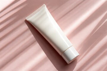 A white cosmetic tube lies on a soft pink surface with shadows creating a striped pattern.