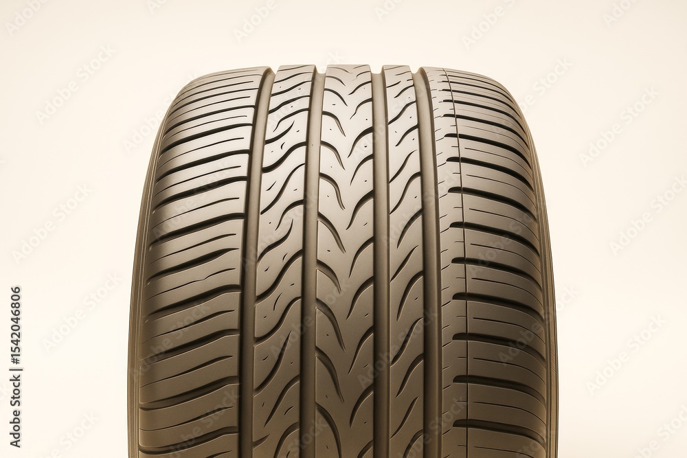 Poster close-up of car tire tread pattern in symmetrical view on light background showcasing detailed desig