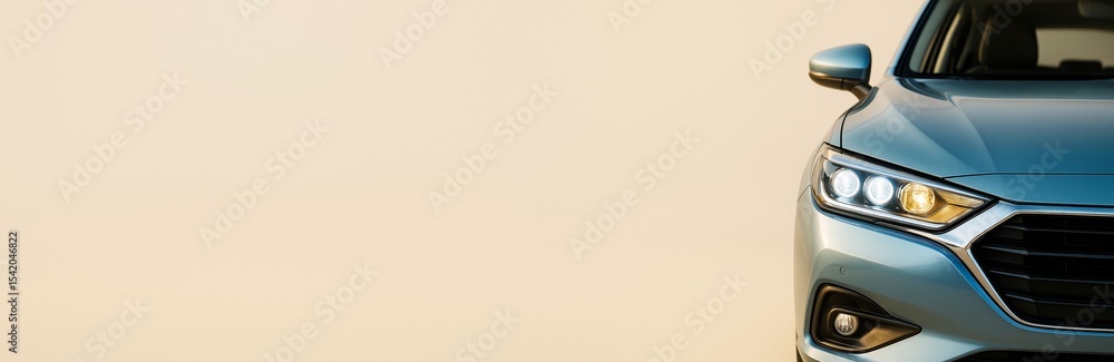 Poster close-up of blue modern car front with headlights on against beige background with copy space for ad