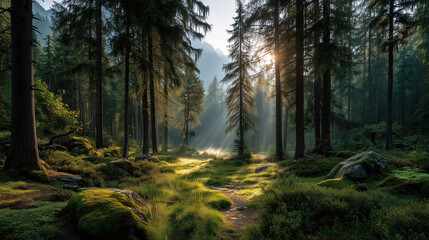 Fototapeta premium Sunlight filtering through trees in lush forest nature photography