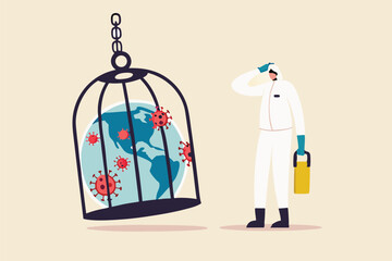 Coronavirus COVID-19 lockdown or quarantine, restricted access to country combat with COVID-19 virus outbreak, medical worker full protective gear with key after locked sick earth planet in cage