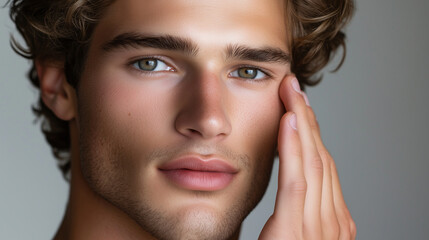 Portrait of a young male caucasian model, age 25, attractive man, publicity poster for skin care. Copy space available. gray background.