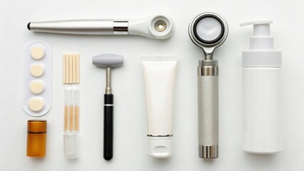 A neatly arranged set of skincare and dermatology tools and products on a white background.