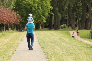 A father and his little child are walking along the alley of a summer park. A man and a girl are walking in nature. Relaxation in nature for the harmonious development of a child. Relationship between