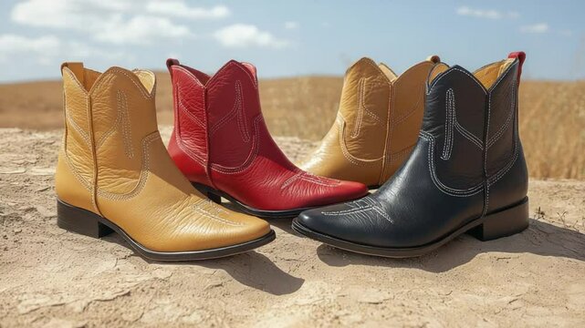 Three leather cowboy boots in varying colors on a patch of light beige colored dirt