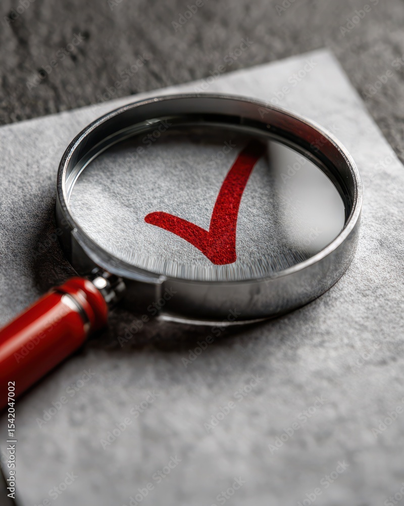 Poster magnifying glass focused on red checkmark on paper surface with textured background