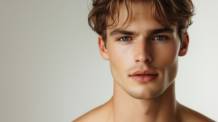 Portrait of a young male caucasian model, age 25, attractive man, publicity poster for skin care. Copy space available. gray background.