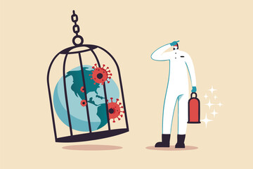 Coronavirus COVID-19 lockdown or quarantine, restricted access to country combat with COVID-19 virus outbreak, medical worker full protective gear with key after locked sick earth planet in cage