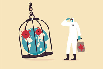 Coronavirus COVID-19 lockdown or quarantine, restricted access to country combat with COVID-19 virus outbreak, medical worker full protective gear with key after locked sick earth planet in cage