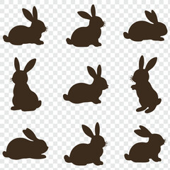 Set of silhouettes of rabbits in various poses. eps 10