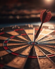 Close-up of a dart striking the bullseye on a classic dartboard with vibrant colors and dramatic lighting