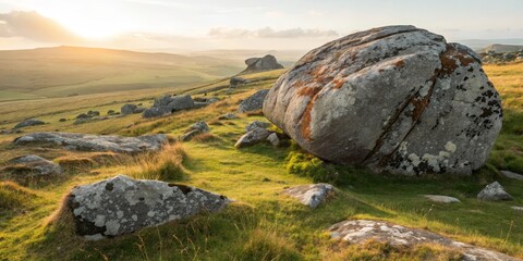 Golden Hour Boulders Serene Landscape with Rocky Outcrops, Dartmoor Sunset, Hills ,England, UK