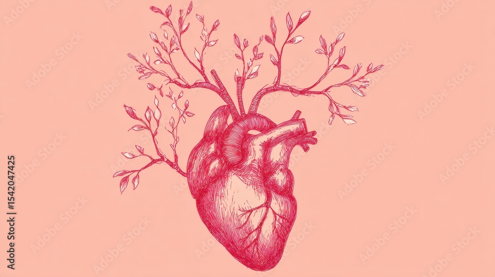 Poster hand-drawn heart design with delicate branches growing from it representing love and natures connect