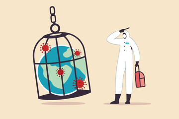 Coronavirus COVID-19 lockdown or quarantine, restricted access to country combat with COVID-19 virus outbreak, medical worker full protective gear with key after locked sick earth planet in cage