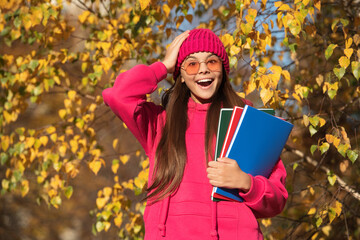 school girl study in autumn. education in modern school. autumn style of teen girl going to school. knowledge and education. september 1. autumn nature in september. Homework assignments