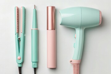 A pastel-colored hair styling set with a flat iron, curling iron, lip gloss, and hairdryer arranged neatly on a light background.