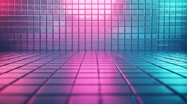 A futuristic digital room with reflective grid tiles illuminated by vibrant pink and blue neon lights.