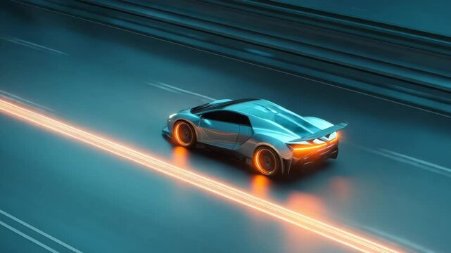 High-Tech Car Speeding Through Cyber Road at Night