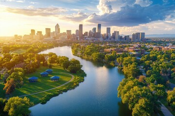 Obraz premium Panoramic view of a city by a river at sunrise.