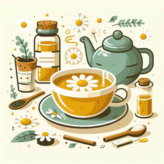 A vibrant illustration of chamomile tea complete with a teapot flowers honey and sugar