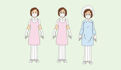 Nursing home, hospital, recuperation, rehabilitation concept happy old woman holding hands with nurse together, doctors in clinic care, help and support patients simple flat vector
