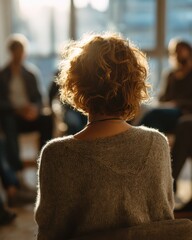 Woman with Curly Hair in Soft Lighting Engaged in Group Discussion During Therapy Session in Bright Room