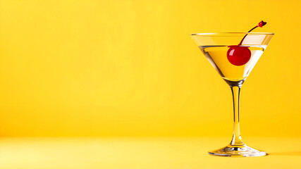 Minimalist martini glass with cherry garnish on vibrant yellow background

