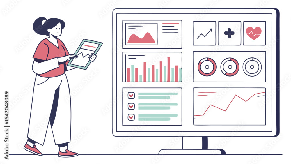 Poster woman analyzing data dashboards on a monitor with graphs, charts, and checklists for insights and an