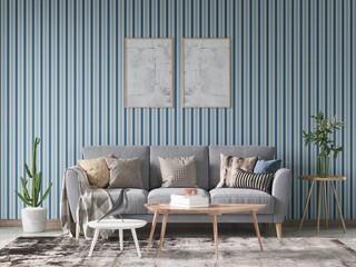 Mock up of a new living room with a dark comfortable sofa and a trendy decorative background, 3D rendering.