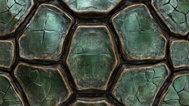 Turtle shell texture with copy space. Close-up turtle pattern. Reptile shell design. Turtle scales. Realistic turtle shell. Turtle design texture. Detailed turtle shell close-up. Wild Animal texture.