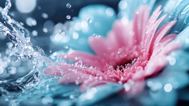 A vivid pink and blue flower basks in droplets of water, capturing the essence of beauty and freshness in nature, making it a stunning piece of art photography.
