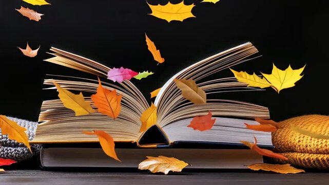 Autumn leaves falling around an open book