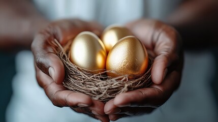 A person's hands carefully cradle three golden eggs nestled in a twine nest, symbolizing hope, prosperity, and the nurturing aspect of life and its beautiful moments.