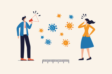 Social distancing, keep distance in public society people to protect from COVID-19 coronavirus outbreak spreading concept, businessman and woman keep distance away in the meeting with virus pathogens