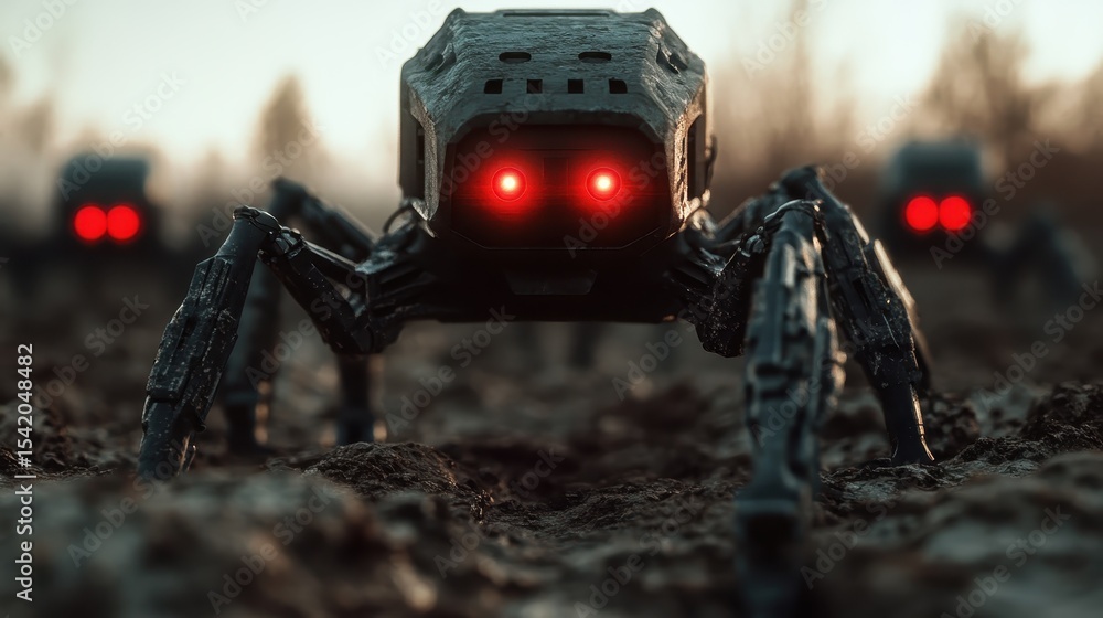 Poster a group of robotic spiders with glowing red eyes emerges from the ground, representing the fusion of