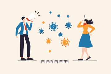 Social distancing, keep distance in public society people to protect from COVID-19 coronavirus outbreak spreading concept, businessman and woman keep distance away in the meeting with virus pathogens