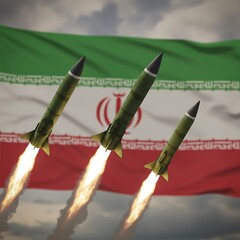 Iranian missile launch with flag backdrop: showcasing military power and geopolitical tension in middle east