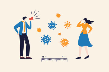 Social distancing, keep distance in public society people to protect from COVID-19 coronavirus outbreak spreading concept, businessman and woman keep distance away in the meeting with virus pathogens