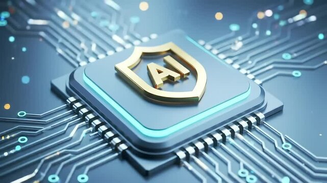 3D glowing AI processor with golden shield icon overlay, rotating gently