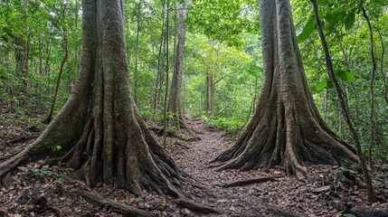 Majestic Forest Pathway Surrounded by Towering Trees with Lush Green Foliage and Thick Roots in a Tropical Jungle Environment