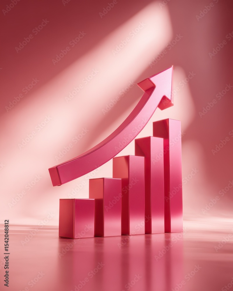 Poster abstract 3d chart with ascending bars and upward arrow on pink background depicting growth and progr