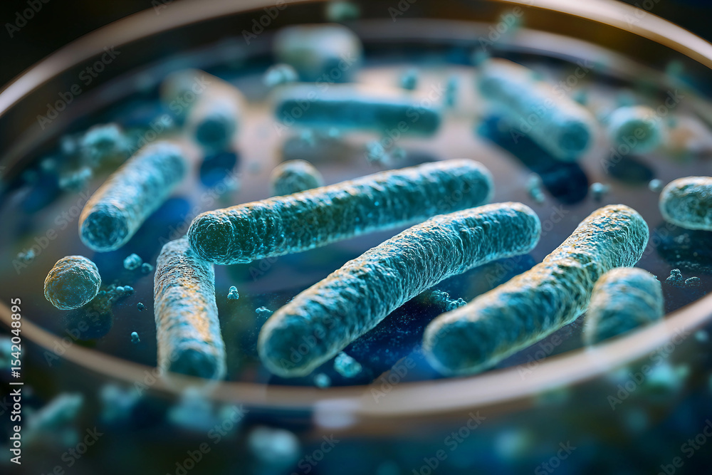 Poster generative ai illustration of microscopic bacterial forms showcasing vivid molecular structures and 