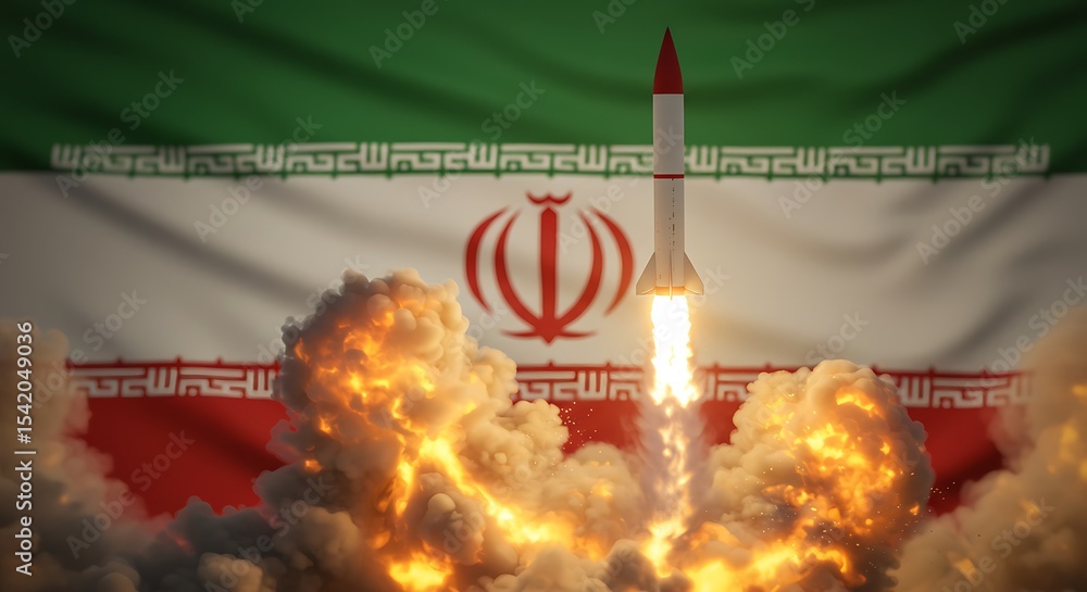 Poster iranian missile launch test with flag backdrop for news and geopolitical analysis background image s