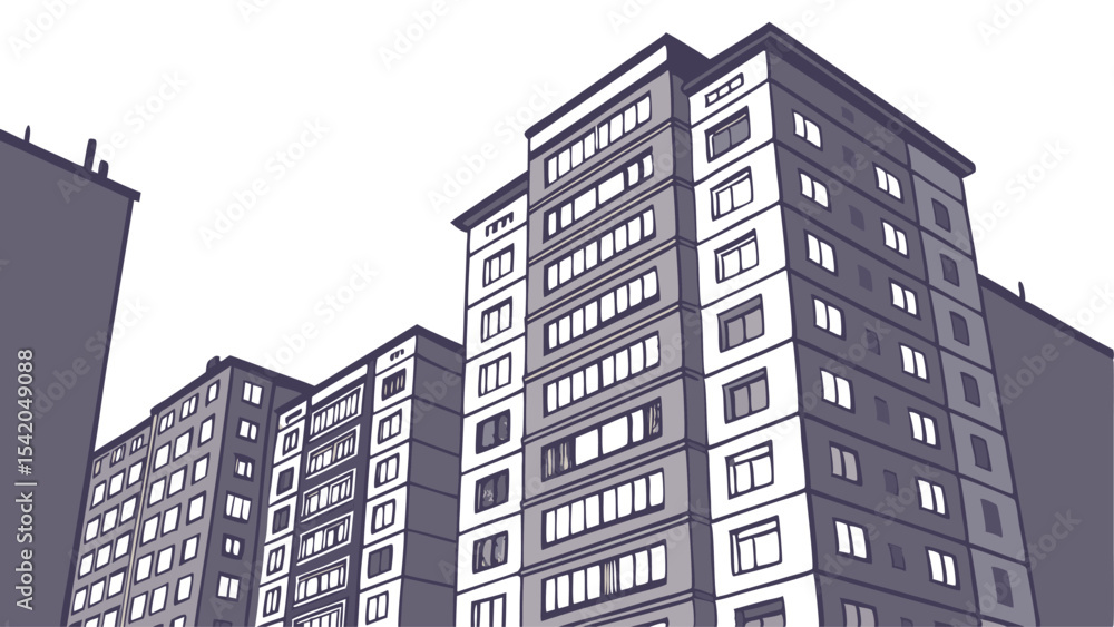 Aufkleber low angle view of multiple apartment buildings with many windows and gray color scheme against white