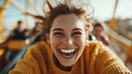 A joyful young woman beams with happiness on a thrilling roller coaster ride, hair flying wildly in the wind, capturing the exhilaration and excitement of amusement park adventures.